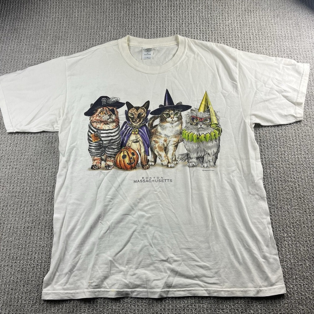 Vintage Prints of Tails Halloween Cat T-Shirt Double Sided Costume Men’s XL